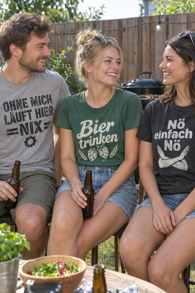 Drei Freunde beim Grillen in Fun-Shirts mit Sprüchen wie „Bier trinken“ und „Nö einfach Nö“ (KI-Beispielbild)