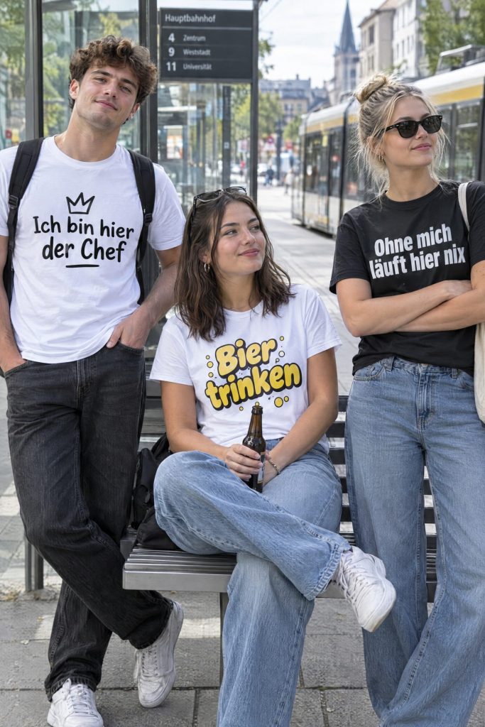 Drei Freunde an einer Straßenbahnhaltestelle in T-Shirts mit Sprüchen wie „Ich bin hier der Chef“ und „Ohne mich läuft hier nix“ (KI-Beispielbild)