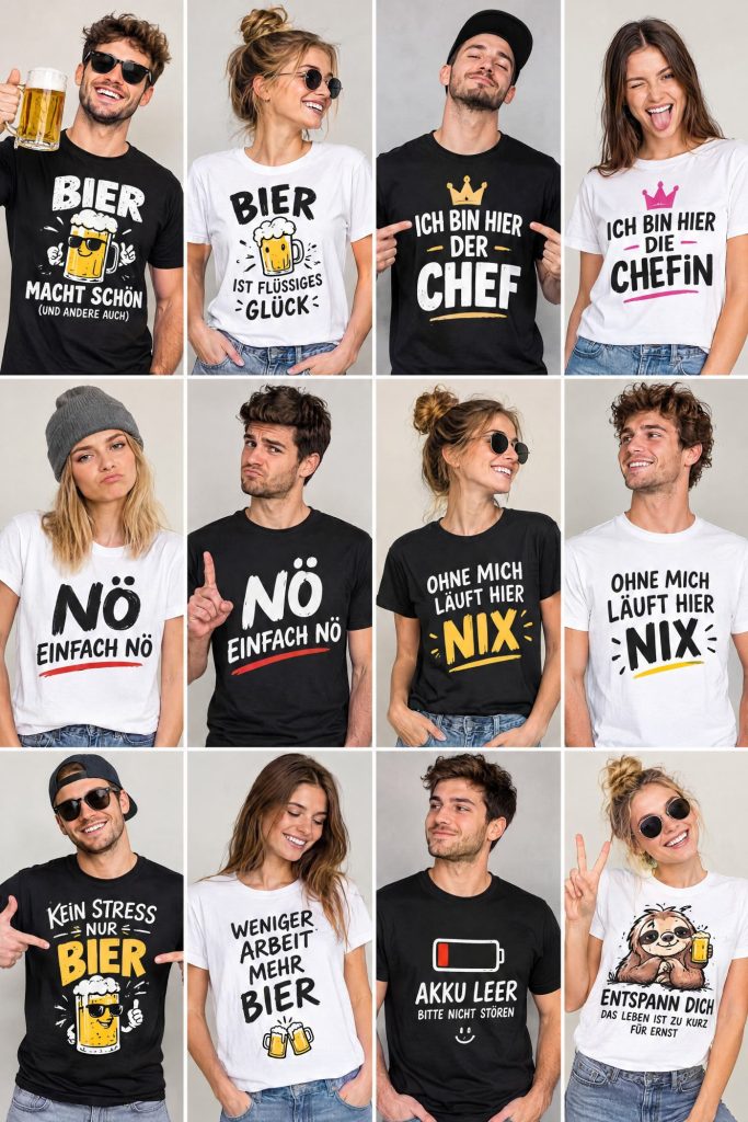 Collage mit zwölf Menschen in T-Shirts mit Sprüchen wie „Ich bin hier die Chefin“, „Nö einfach Nö“ und „Akku leer – bitte nicht stören“ (KI-Beispielbild)
