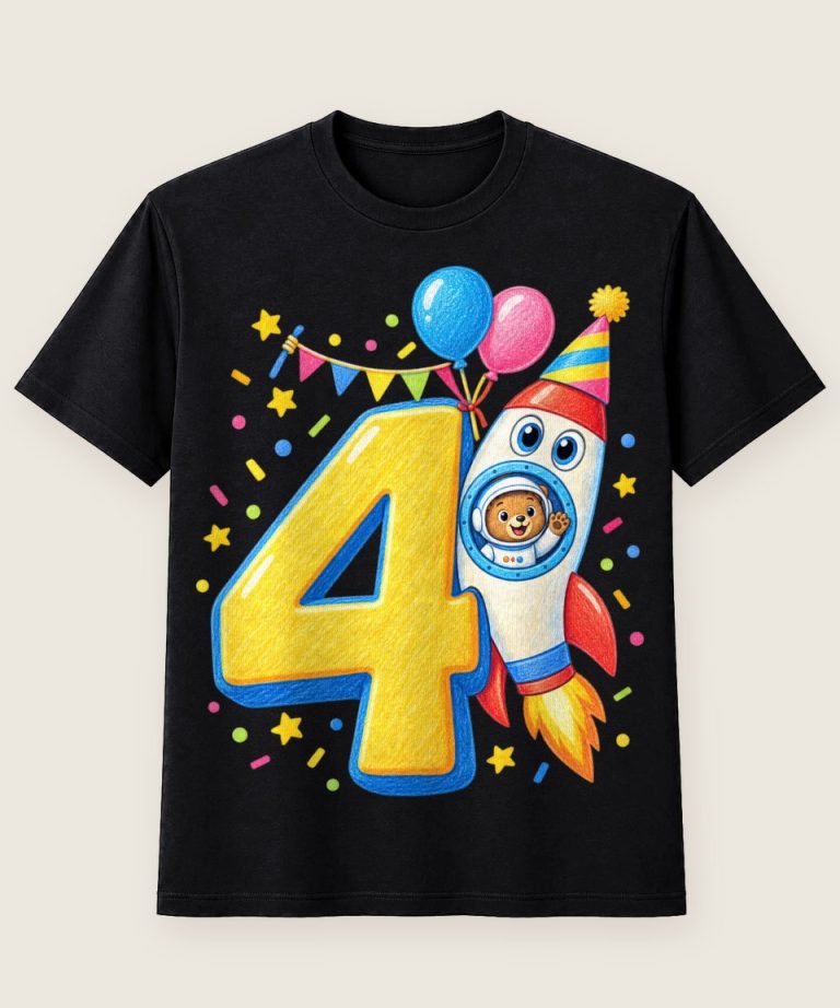 T-Shirt mit Motiv „4. Geburtstag Raketenbär Kinder“ – Geburtstagsshirts für Kinder