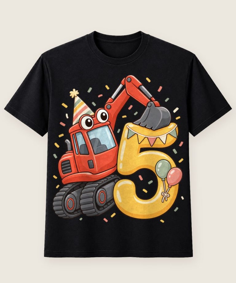 T-Shirt mit Motiv „5. Geburtstag Bagger Kinder Party“ – Geburtstagsshirts für Kinder