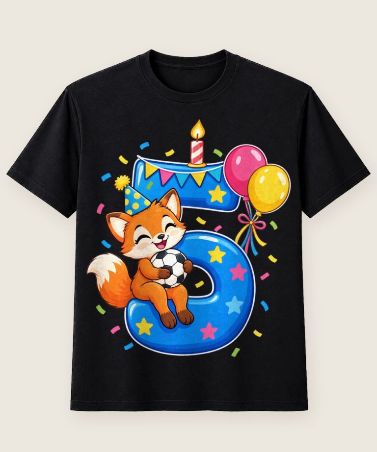 T-Shirt mit Motiv „5. Geburtstag Fuchs Fußball Kinder“ – Geburtstagsshirts für Kinder