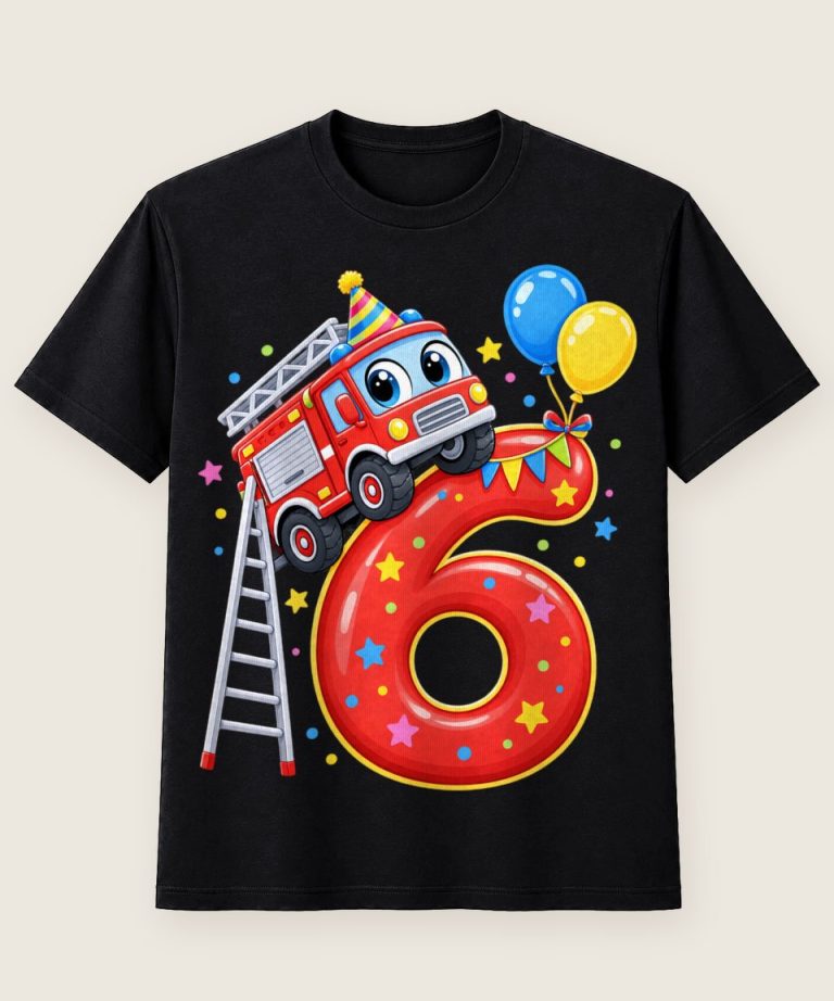 T-Shirt mit Motiv „6. Geburtstag Feuerwehrauto Zahl 6 Kindergeburtstag“ – Geburtstagsshirts für Kinder