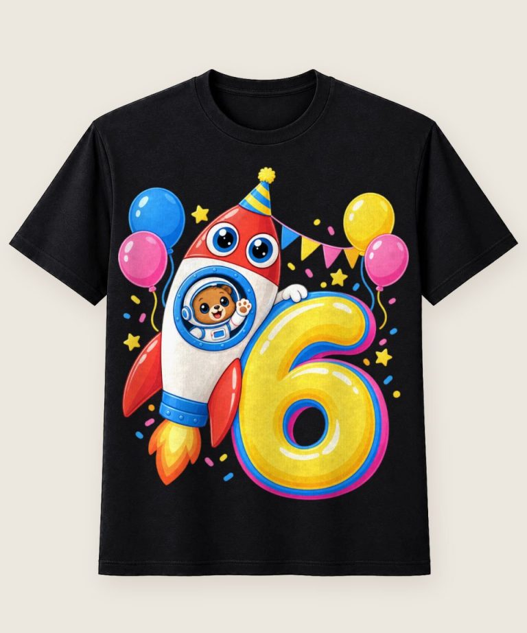 T-Shirt mit Motiv „6. Geburtstag Raketenbär Kinder“ – Geburtstagsshirts für Kinder
