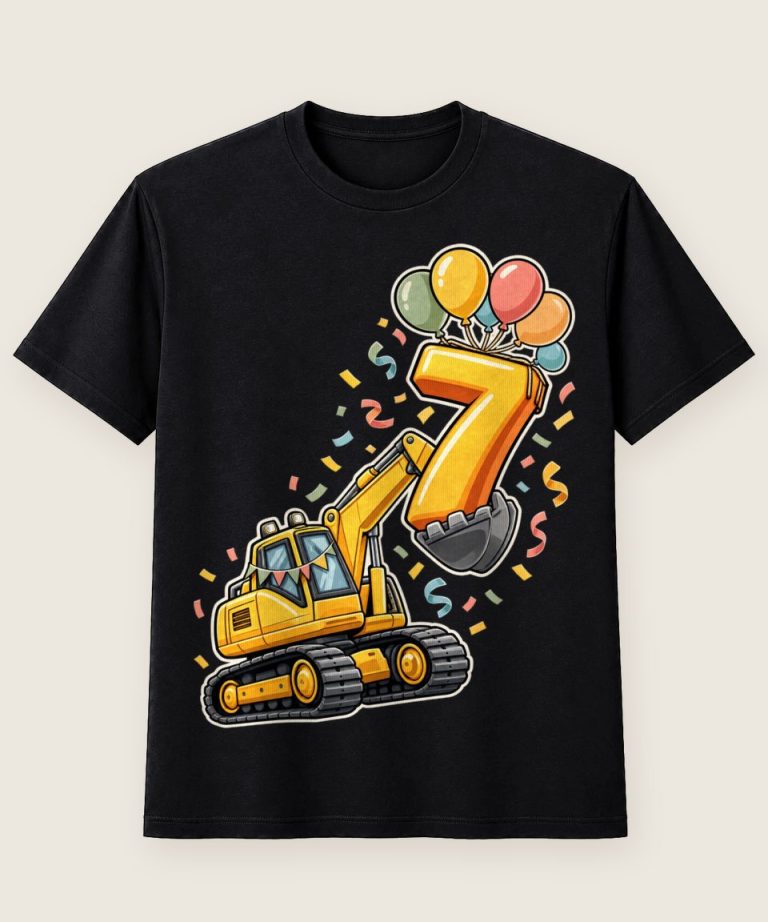 T-Shirt mit Motiv „7. Geburtstag Bagger Baustelle Kindergeburtstag“ – Geburtstagsshirts für Kinder