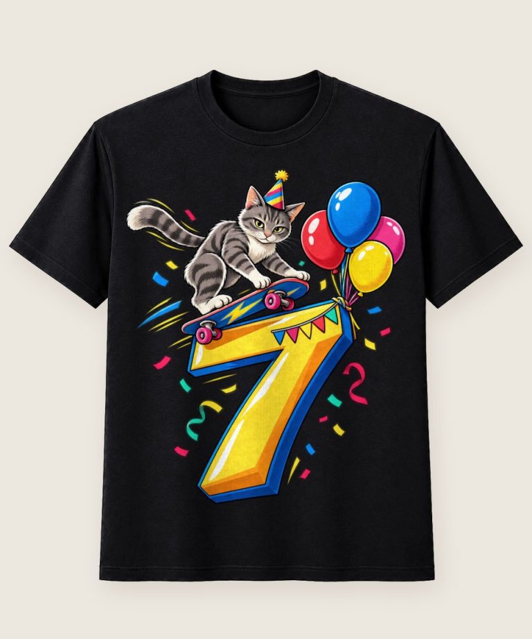 T-Shirt mit Motiv „7. Geburtstag Skateboard Katze Kinder“ – Geburtstagsshirts für Kinder