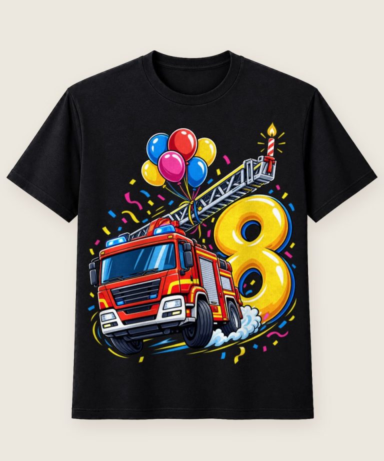 T-Shirt mit Motiv „8. Geburtstag Feuerwehrauto Kinder“ – Geburtstagsshirts für Kinder