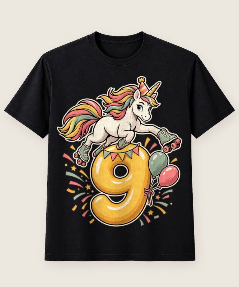 T-Shirt mit Motiv „9. Geburtstag Einhorn Kinder Rollschuhe“ – Geburtstagsshirts für Kinder
