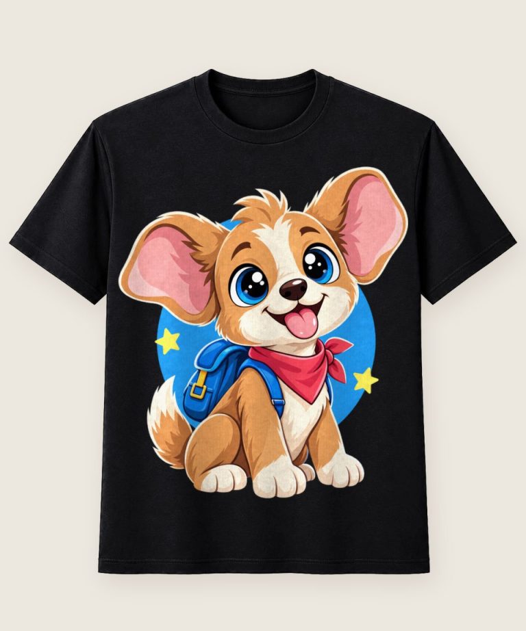 T-Shirt mit Motiv „Abenteuer-Welpe mit Rucksack Kinder“ – Kinder-T-Shirts