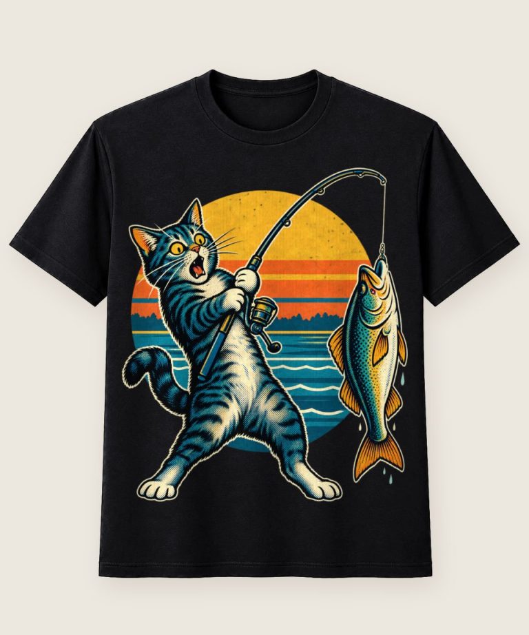 T-Shirt mit Motiv „Angelnde Katze Großer Fang“ – Hobby & Freizeit T-Shirts