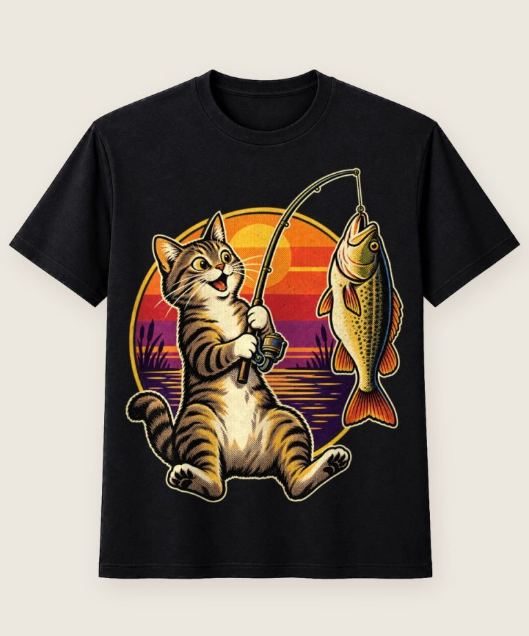 T-Shirt mit Motiv „Angelnde Katze mit Riesenköder“ – Hobby & Freizeit T-Shirts