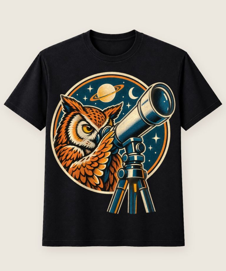 T-Shirt mit Motiv „Astronomie-Eule am Teleskop“ – Hobby & Freizeit T-Shirts