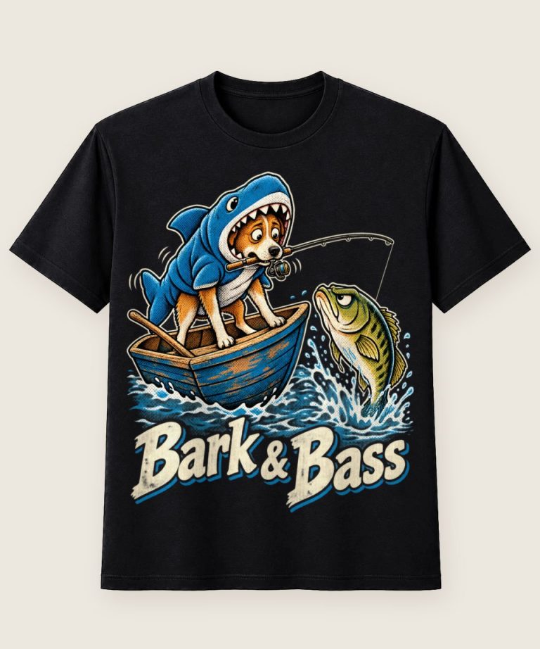 T-Shirt mit Motiv „Bark & Bass Hund im Hai-Kostüm beim Angeln Halloween“ – Halloween T-Shirts