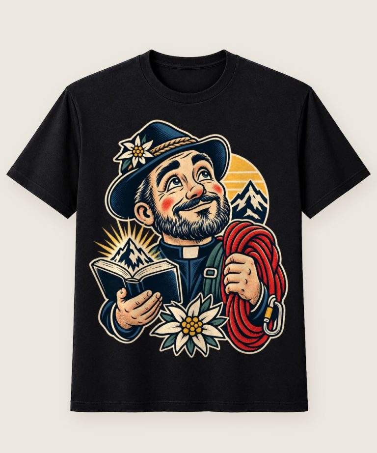 T-Shirt mit Motiv „Bergurlaub Priesterfigur im Gipfelrausch“ – Hobby & Freizeit T-Shirts