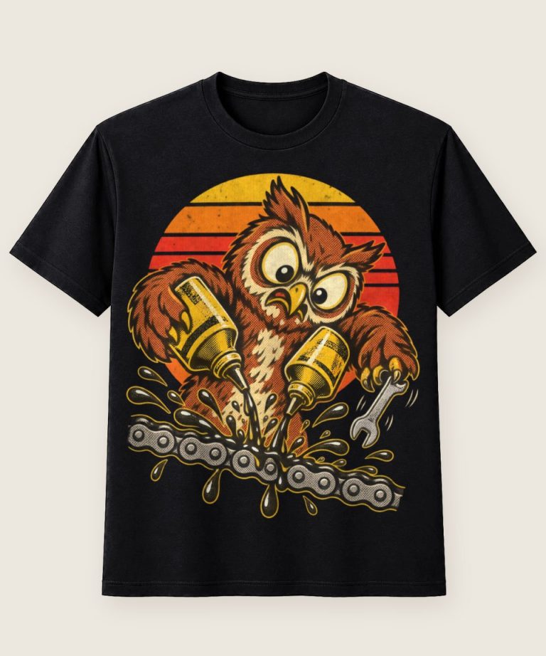 T-Shirt mit Motiv „Bike-Repair-Eule im Ölchaos“ – Hobby & Freizeit T-Shirts