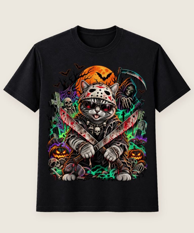 T-Shirt mit Motiv „Blutige Halloween Katzen Szenerie“ – Halloween T-Shirts
