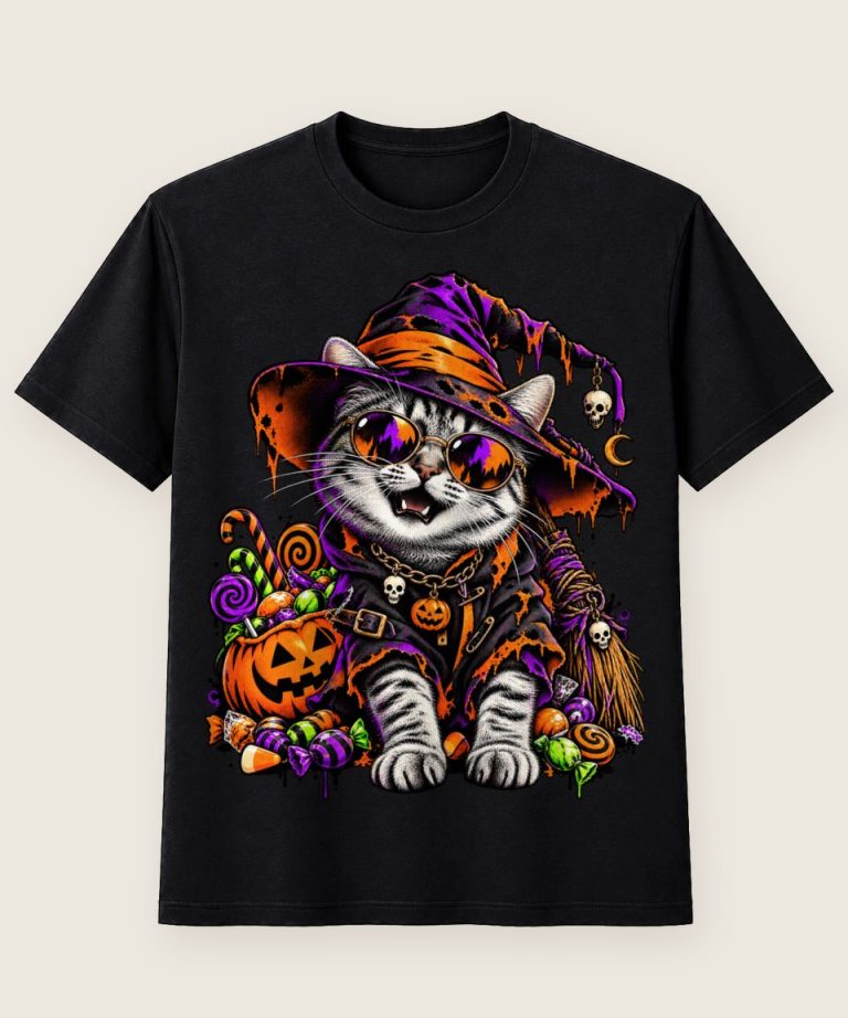 T-Shirt mit Motiv „Bunte Halloween Hexenkatze mit Süßem“ – Halloween T-Shirts