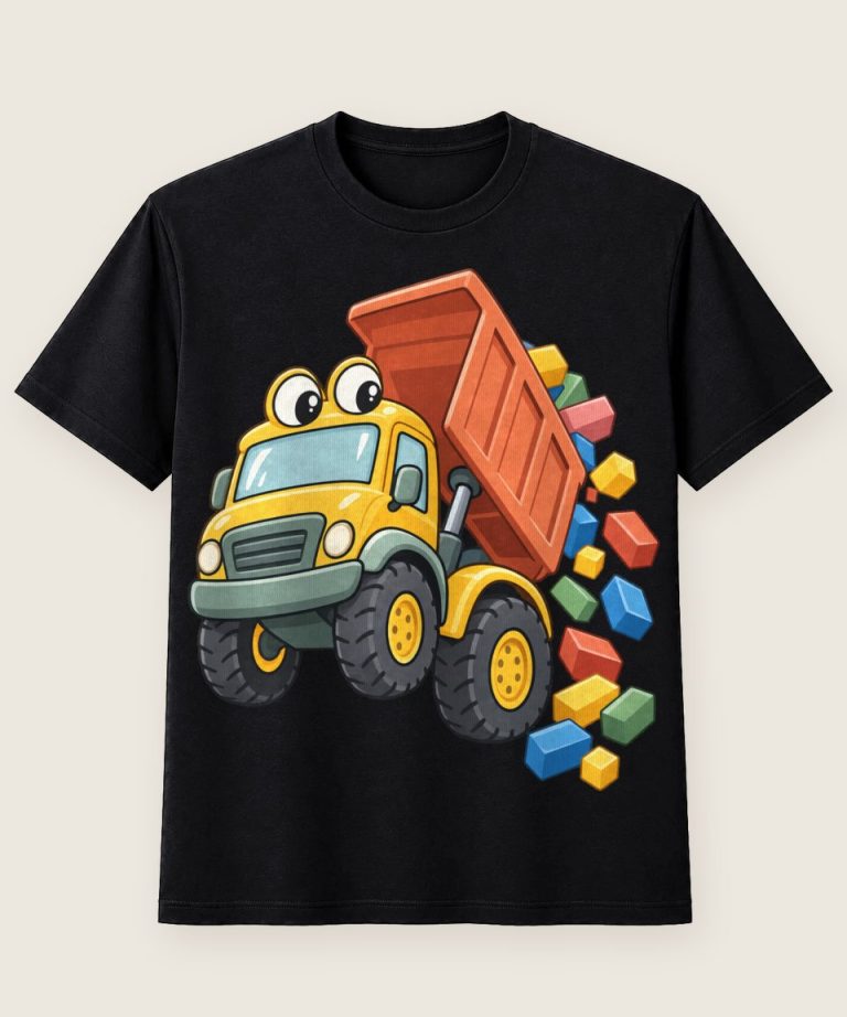 T-Shirt mit Motiv „Bunter Kipplaster mit Bauklötzen für Kinder“ – Kinder-T-Shirts