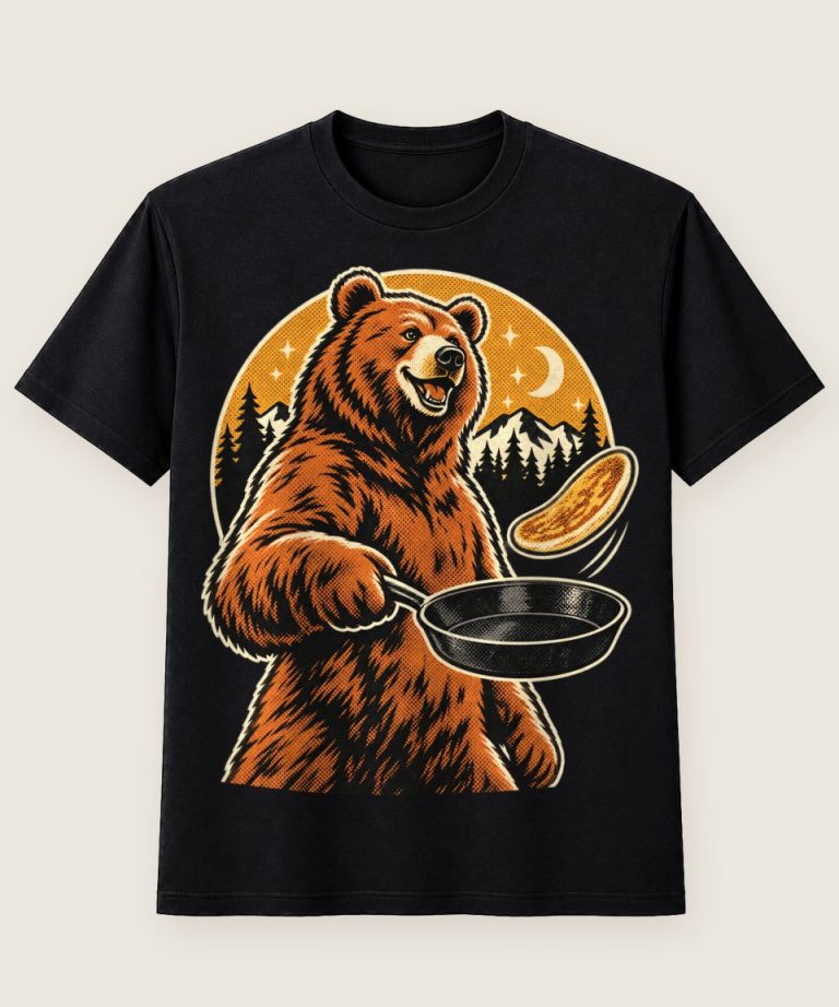 T-Shirt mit Motiv „Camping-Bär am Lagerfeuer Pfannkuchen“ – Hobby & Freizeit T-Shirts
