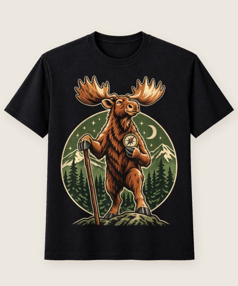 T-Shirt mit Motiv „Camping-Elch mit Kompass auf Tour“ – Hobby & Freizeit T-Shirts