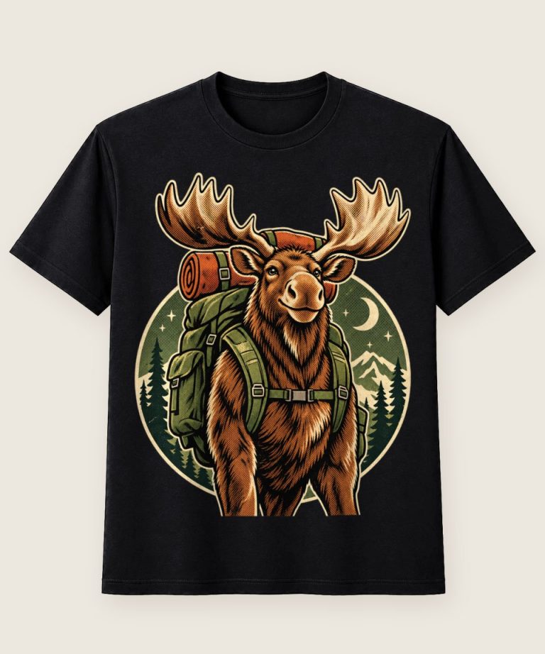T-Shirt mit Motiv „Camping-Elch mit Wanderrucksack“ – Hobby & Freizeit T-Shirts