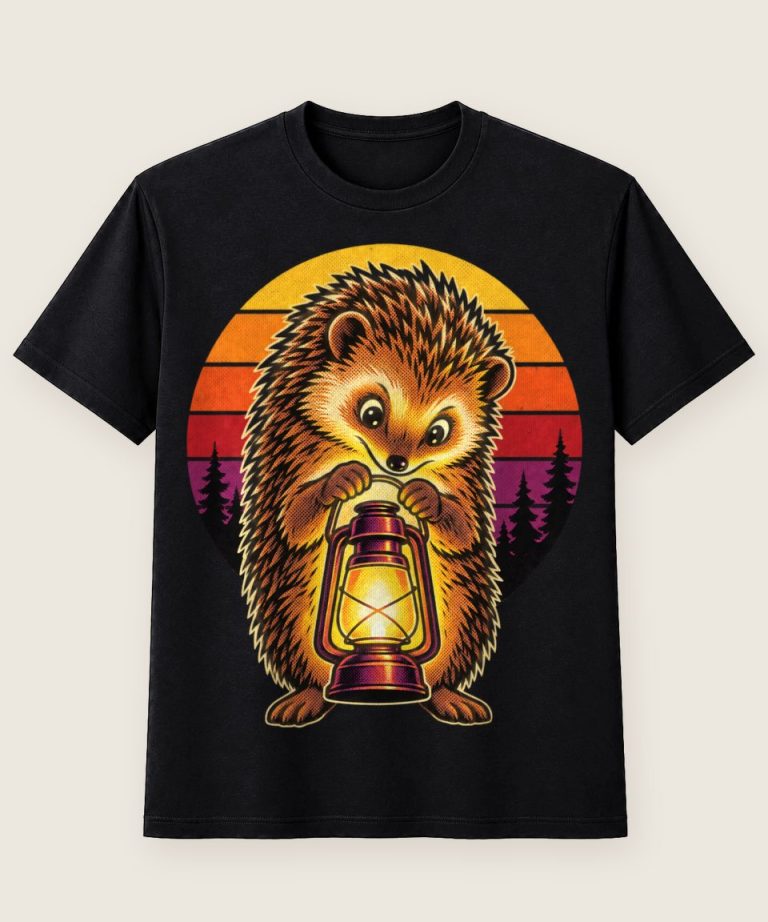 T-Shirt mit Motiv „Camping-Igel mit Laterne am Lagerfeuer“ – Hobby & Freizeit T-Shirts
