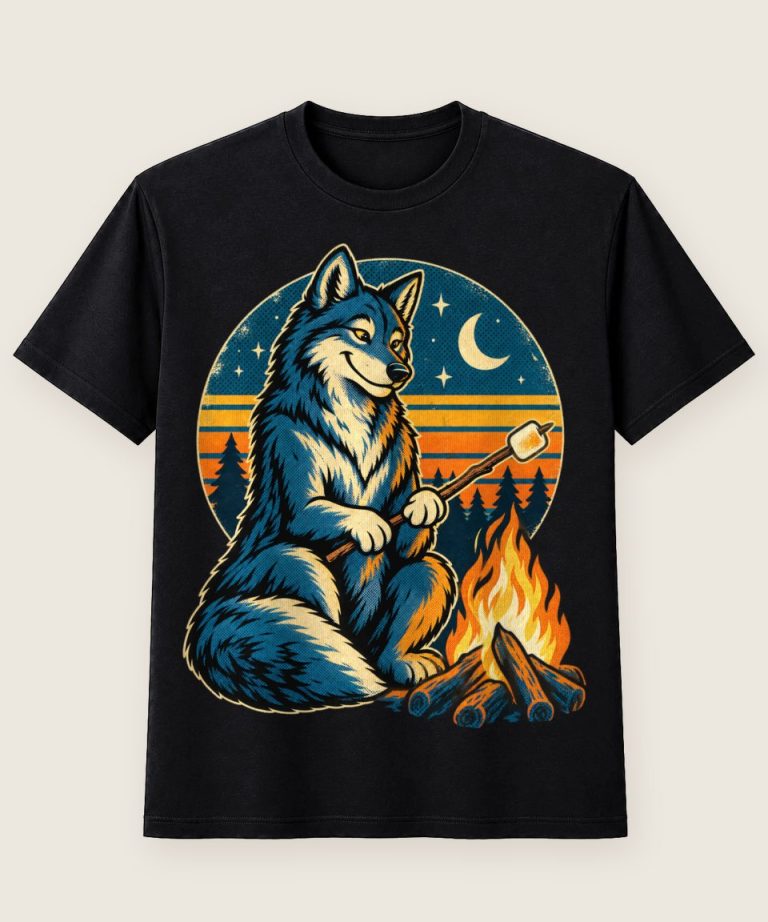 T-Shirt mit Motiv „Camping Lagerfeuer Wolf mit Marshmallow“ – Hobby & Freizeit T-Shirts