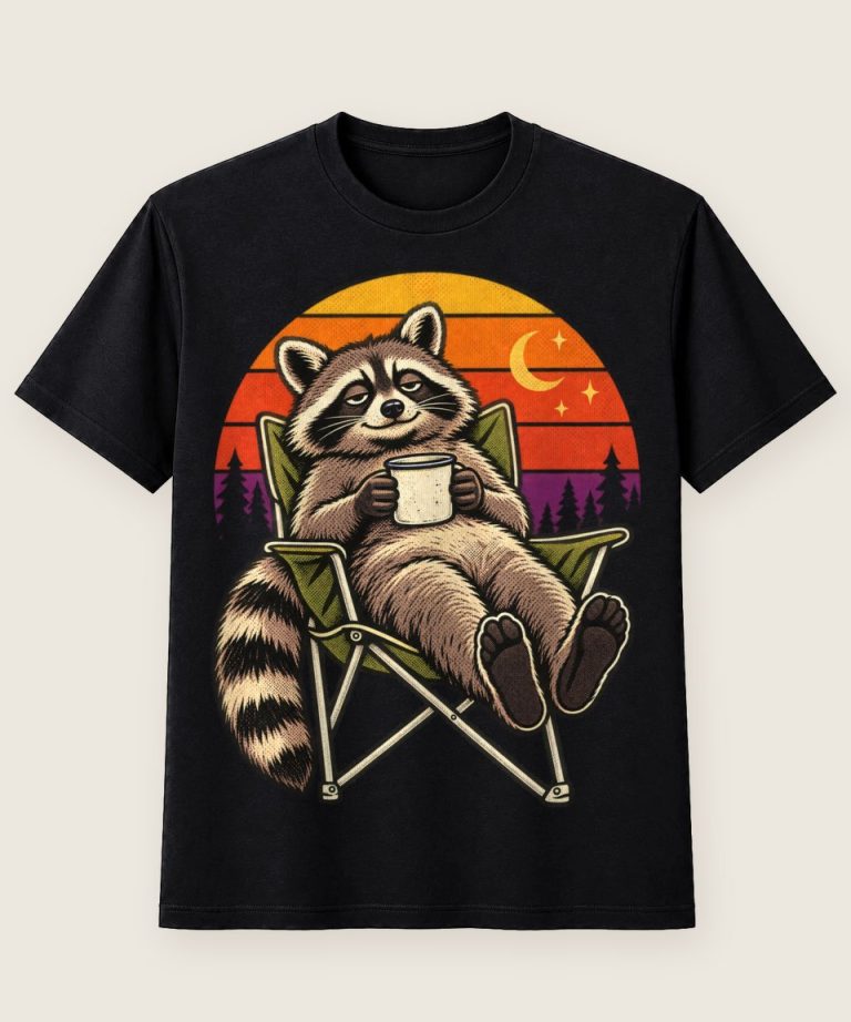 T-Shirt mit Motiv „Camping Waschbaer im Klappstuhl“ – Hobby & Freizeit T-Shirts