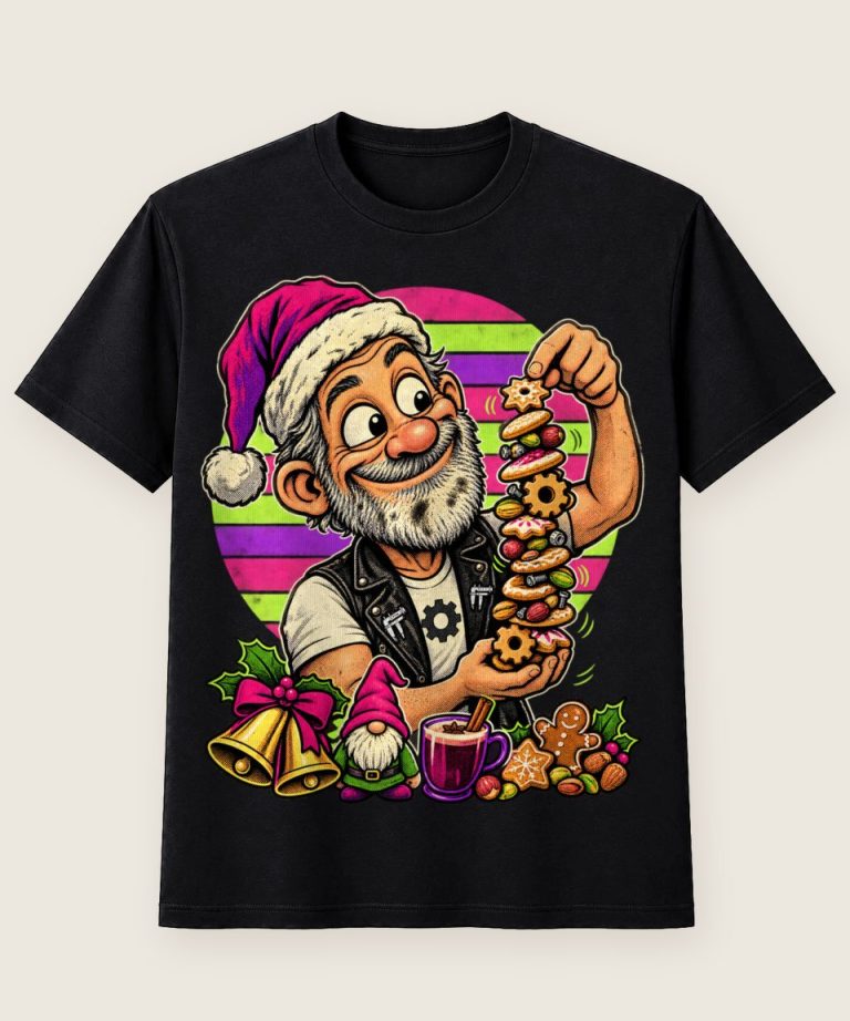 T-Shirt mit Motiv „Christmas Biker-Opa mit Keksstapel“ – Weihnachts-T-Shirts