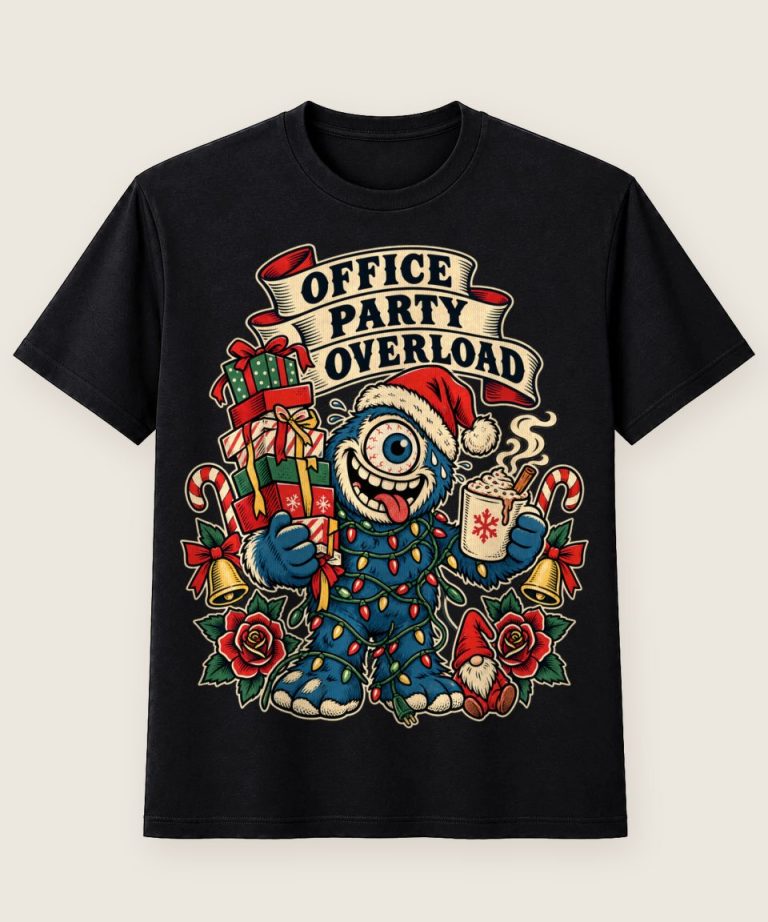 T-Shirt mit Motiv „Christmas Cyclops Office Party Overload“ – Weihnachts-T-Shirts