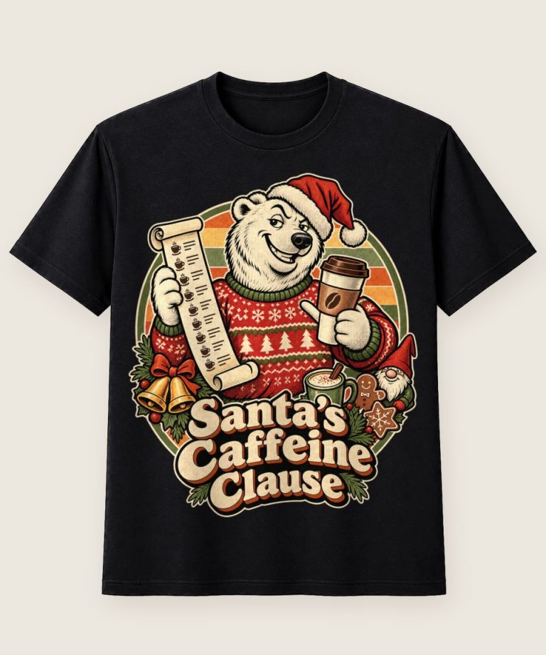 T-Shirt mit Motiv „Christmas Eisbär Santa's Caffeine Clause“ – Weihnachts-T-Shirts