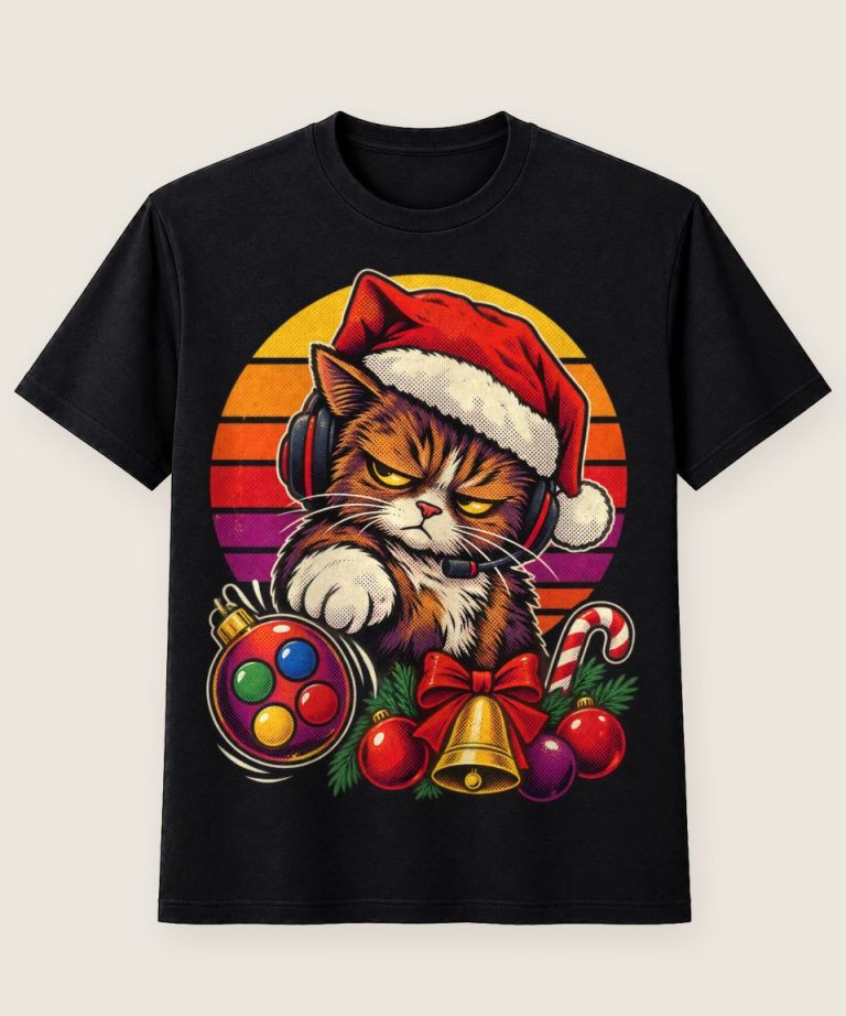 T-Shirt mit Motiv „Christmas Gamer-Katze Retro-Sonne“ – Weihnachts-T-Shirts