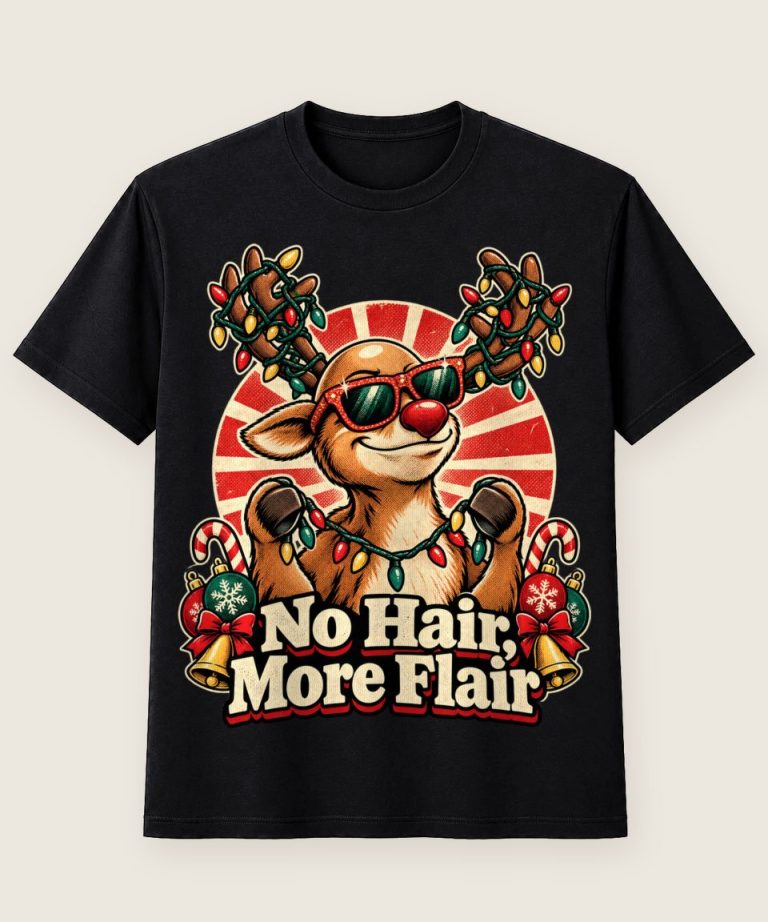 T-Shirt mit Motiv „Christmas Glatzen-Rentier No Hair More Flair“ – Weihnachts-T-Shirts