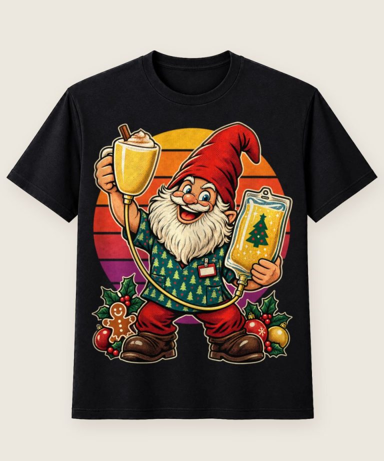 T-Shirt mit Motiv „Christmas Gnom-Pfleger Eggnog-Infusion Comic“ – Weihnachts-T-Shirts