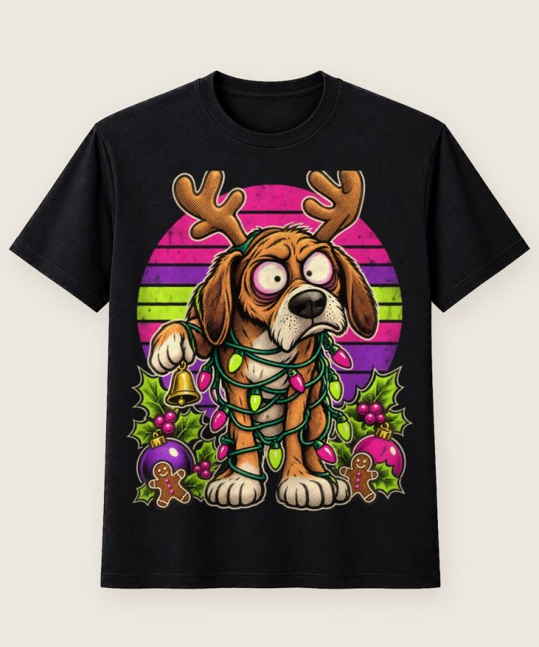 T-Shirt mit Motiv „Christmas Hund mit Lichterketten Frust“ – Weihnachts-T-Shirts