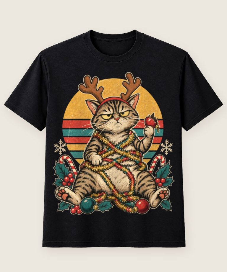 T-Shirt mit Motiv „Christmas Katze Chaos Retro Sonne“ – Weihnachts-T-Shirts
