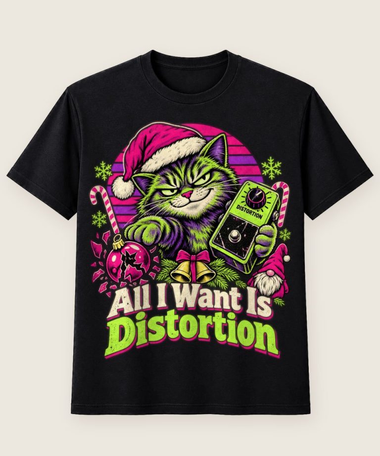 T-Shirt mit Motiv „Christmas Katze Distortion Metal Spruch“ – Weihnachts-T-Shirts