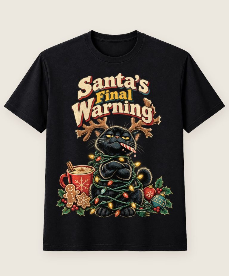 T-Shirt mit Motiv „Christmas Katze Santa's Final Warning Comic“ – Weihnachts-T-Shirts