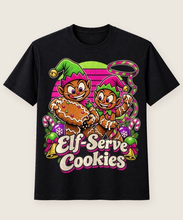 T-Shirt mit Motiv „Christmas Lebkuchen-Elfen mit Riesen-Cookie“ – Weihnachts-T-Shirts