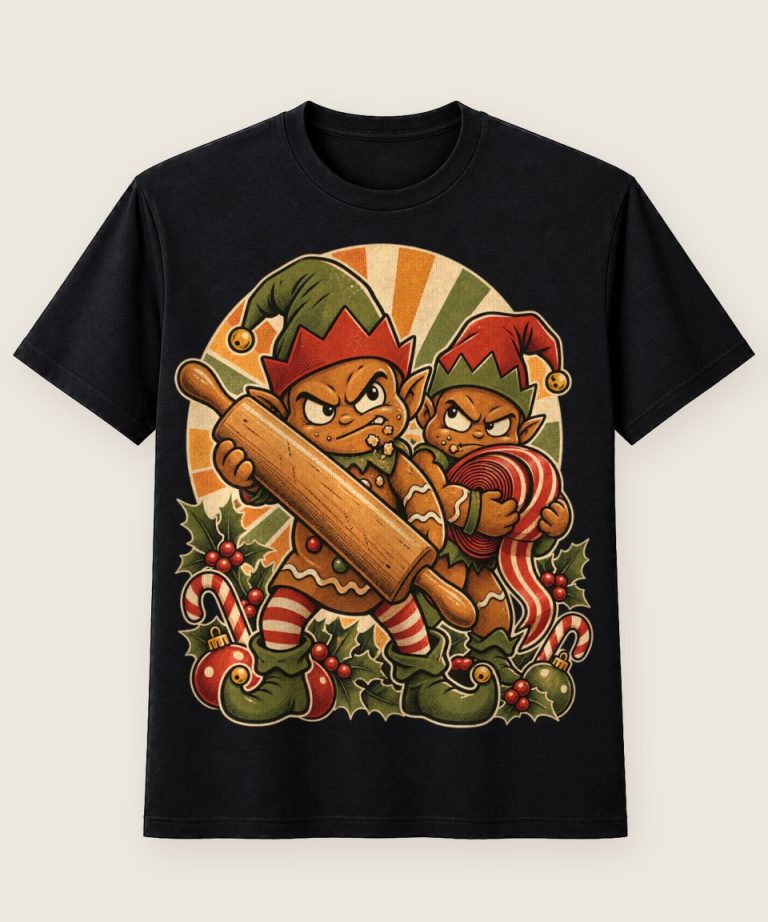 T-Shirt mit Motiv „Christmas Lebkuchen-Wichtel bewachen Cookies“ – Weihnachts-T-Shirts