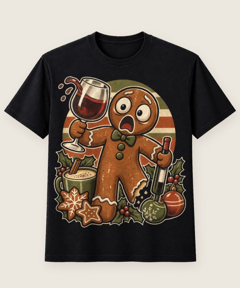 T-Shirt mit Motiv „Christmas Lebkuchenmann im Weinchaos“ – Weihnachts-T-Shirts