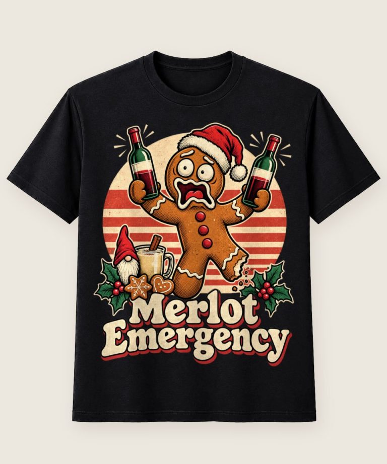 T-Shirt mit Motiv „Christmas Lebkuchenmann Merlot Emergency Weinliebhaber“ – Weihnachts-T-Shirts