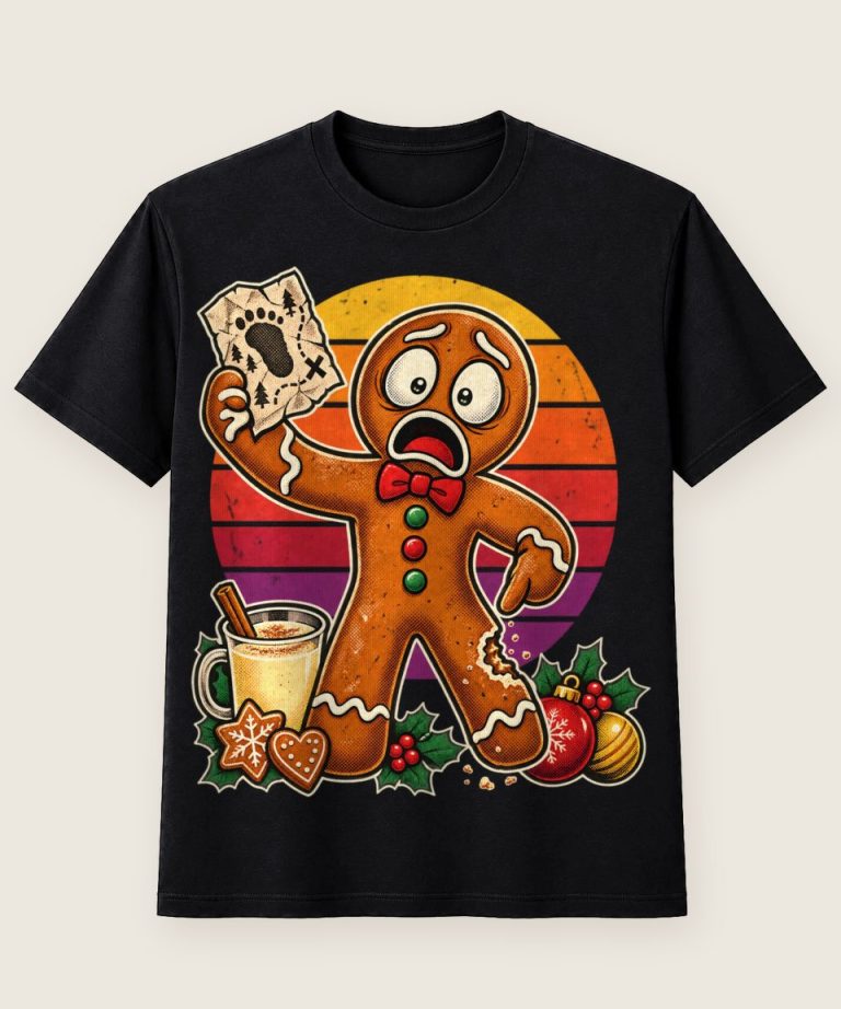 T-Shirt mit Motiv „Christmas Lebkuchenmann vs Sasquatch Retro“ – Weihnachts-T-Shirts