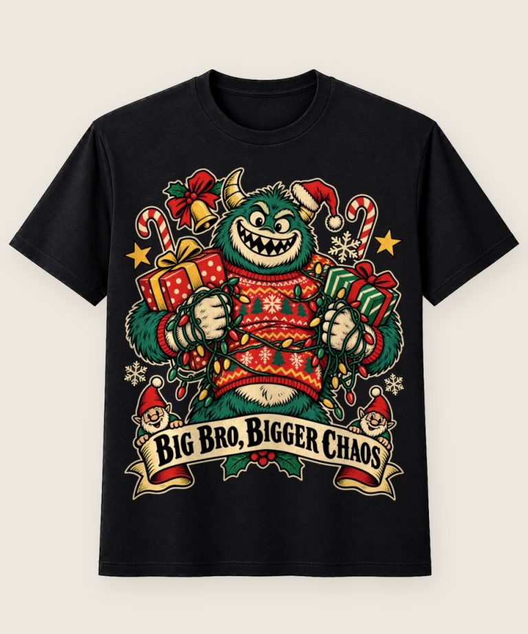 T-Shirt mit Motiv „Christmas Monster Big Bro Bigger Chaos“ – Weihnachts-T-Shirts