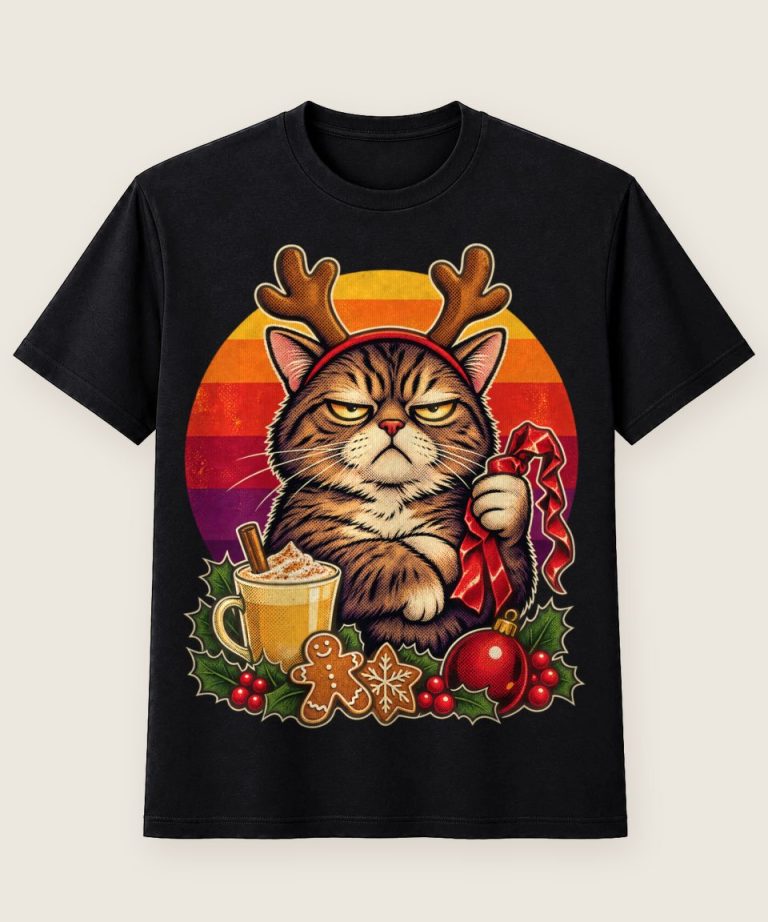 T-Shirt mit Motiv „Christmas Muffige Katze Retro Sonne“ – Weihnachts-T-Shirts