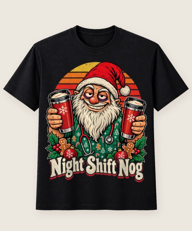 T-Shirt mit Motiv „Christmas Pflege-Gnom Night Shift Nog“ – Weihnachts-T-Shirts