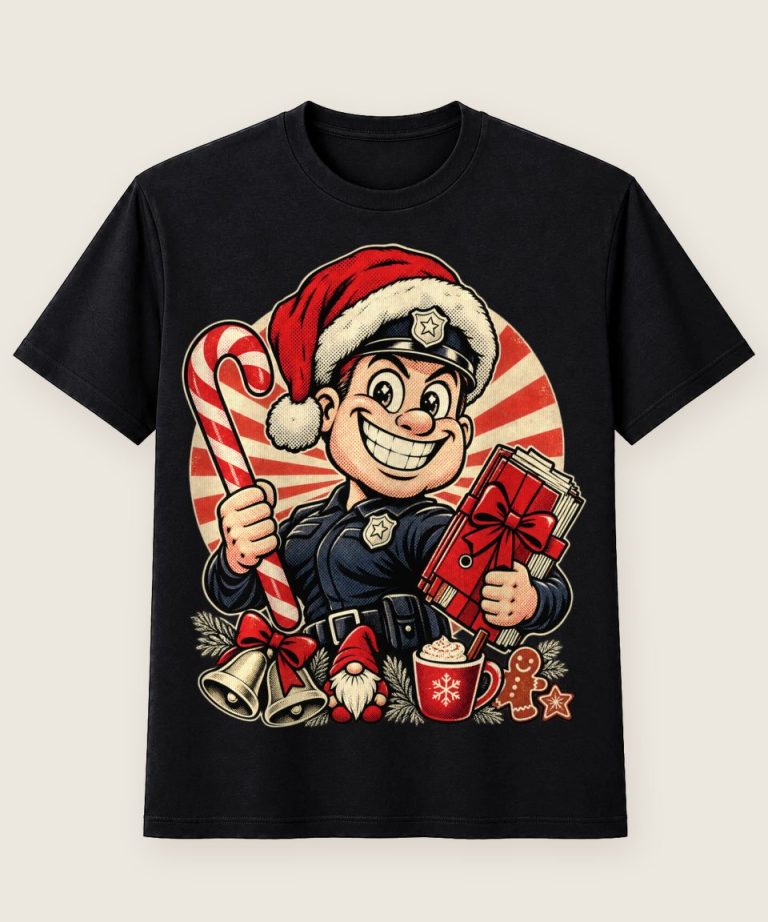 T-Shirt mit Motiv „Christmas Polizei-Chef im Retro-Comic-Stil“ – Weihnachts-T-Shirts