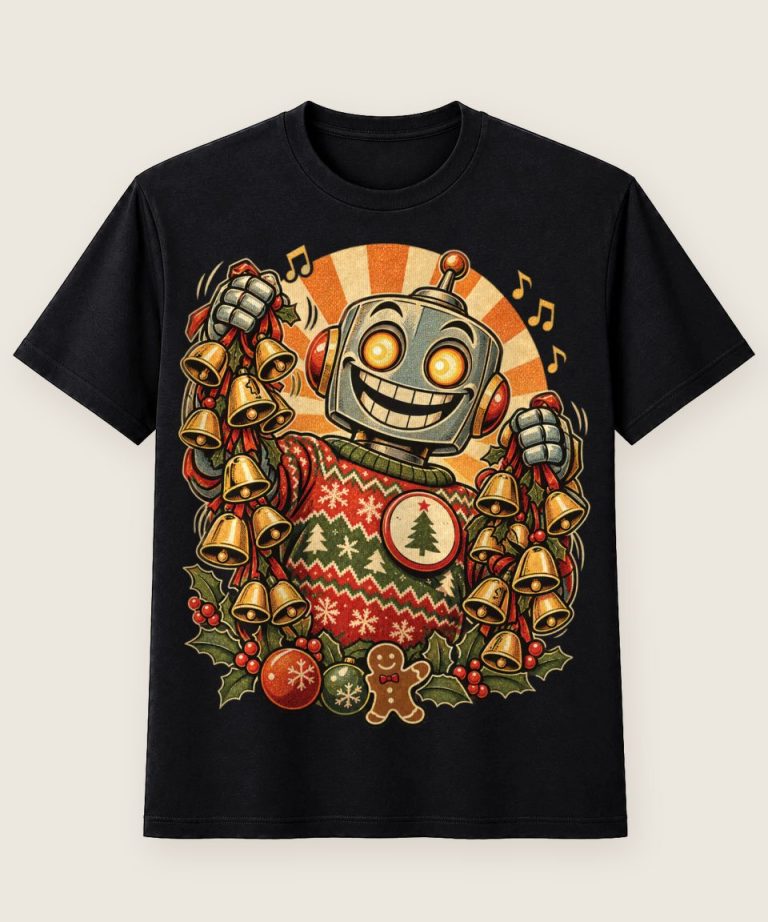 T-Shirt mit Motiv „Christmas Roboter-Onkel mit vielen Glocken“ – Weihnachts-T-Shirts