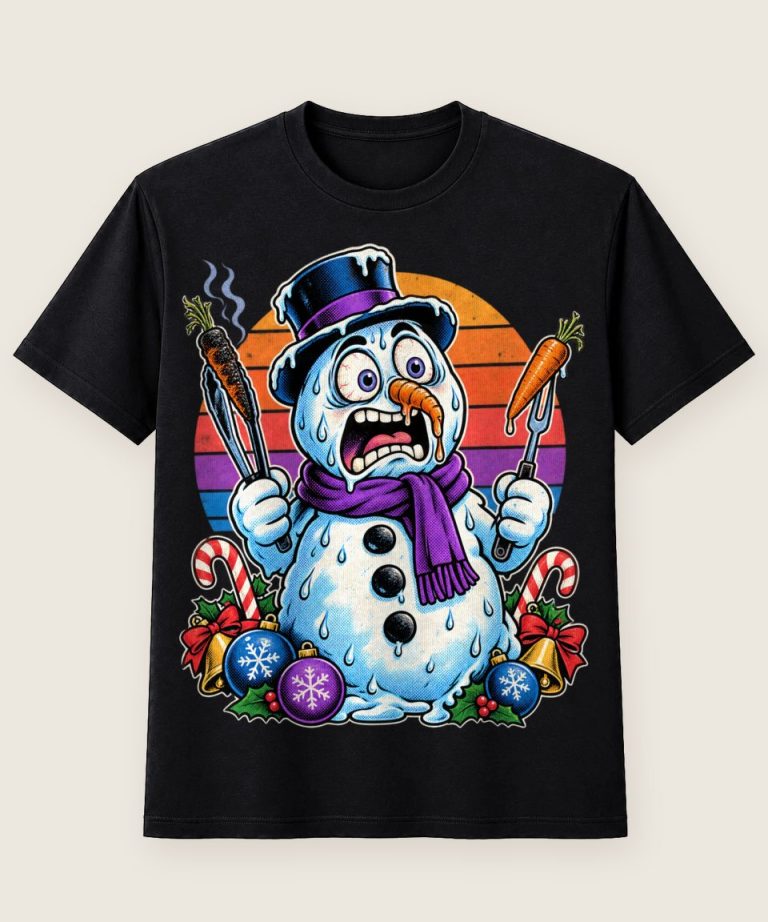 T-Shirt mit Motiv „Christmas Schneemann grillt Karotten und schmilzt“ – Weihnachts-T-Shirts