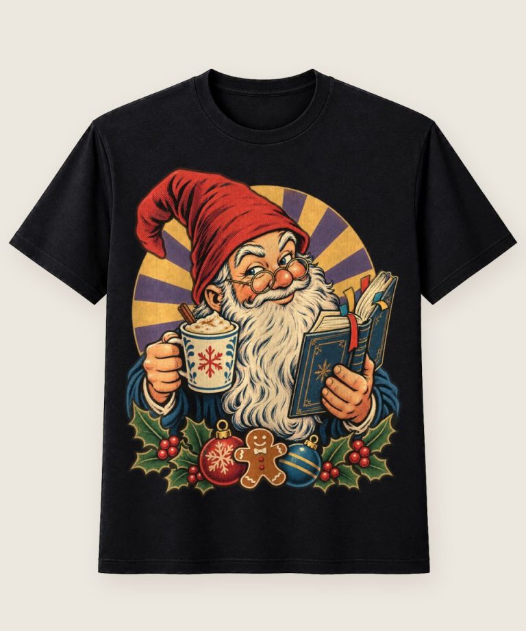 T-Shirt mit Motiv „Christmas Wichtel Bibliothekar mit Eierpunsch“ – Weihnachts-T-Shirts